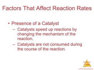 Factors That Affect Reaction Rates Presence of a Catalyst Catalysts speed up reactions by changing the mechanism of the reaction. Catalysts are not consumed during the course of the reaction. 