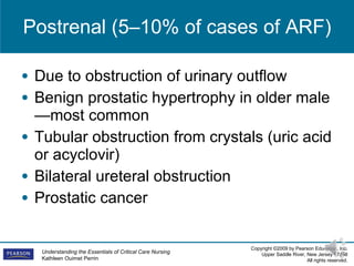 Postrenal (5–10% of cases of ARF) Due to obstruction of urinary outflow Benign prostatic hypertrophy in older male—most common Tubular obstruction from crystals (uric acid or acyclovir) Bilateral ureteral obstruction Prostatic cancer 
