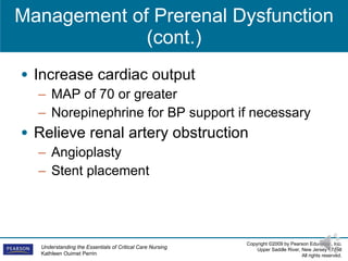 Management of Prerenal Dysfunction (cont.) Increase cardiac output MAP of 70 or greater Norepinephrine for BP support if necessary Relieve renal artery obstruction Angioplasty Stent placement 