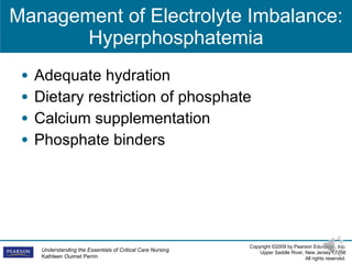 Management of Electrolyte Imbalance: Hyperphosphatemia Adequate hydration Dietary restriction of phosphate Calcium supplementation Phosphate binders 