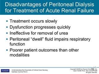 Disadvantages of Peritoneal Dialysis for Treatment of Acute Renal Failure Treatment occurs slowly Dysfunction progresses quickly Ineffective for removal of urea Peritoneal “dwell” fluid impairs respiratory function Poorer patient outcomes than other modalities 