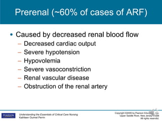 Prerenal (~60% of cases of ARF) Caused by decreased renal blood flow Decreased cardiac output Severe hypotension Hypovolemia Severe vasoconstriction Renal vascular disease Obstruction of the renal artery 