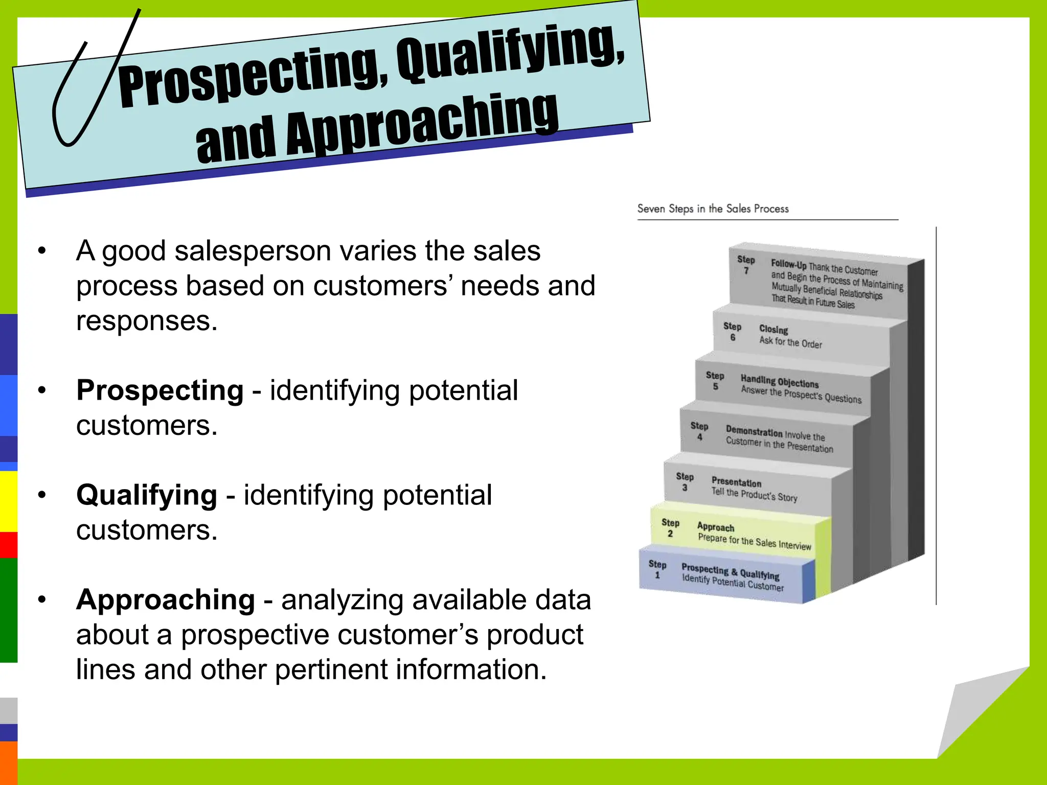 • A good salesperson varies the sales
process based on customers’ needs and
responses.
• Prospecting - identifying potential
customers.
• Qualifying - identifying potential
customers.
• Approaching - analyzing available data
about a prospective customer’s product
lines and other pertinent information.
 