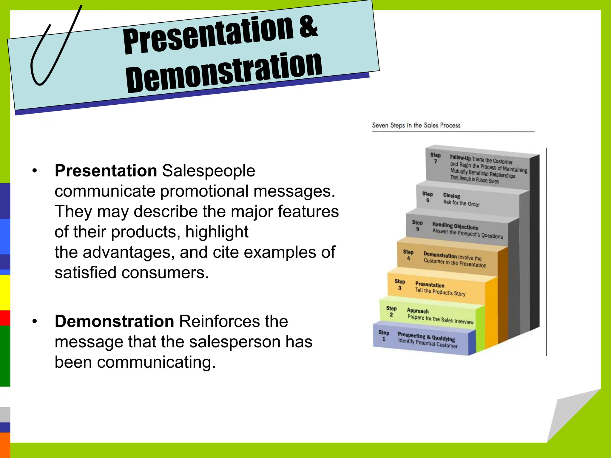 • Presentation Salespeople
communicate promotional messages.
They may describe the major features
of their products, highlight
the advantages, and cite examples of
satisfied consumers.
• Demonstration Reinforces the
message that the salesperson has
been communicating.
 
