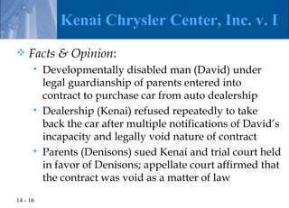 Kenai Chrysler Center, Inc. v. De
   Facts & Opinion:
         Developmentally disabled man (David) under
          legal guardianship of parents entered into
          contract to purchase car from auto dealership
         Dealership (Kenai) refused repeatedly to take
          back the car after multiple notifications of David’s
          incapacity and legally void nature of contract
         Parents (Denisons) sued Kenai and trial court held
          in favor of Denisons; appellate court affirmed that
          the contract was void as a matter of law

14 - 16
 