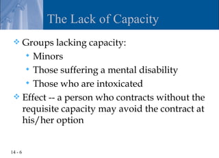 The Lack of Capacity
  Groups lacking capacity:
     Minors
     Those suffering a mental disability
     Those who are intoxicated
  Effect -- a person who contracts without the
   requisite capacity may avoid the contract at
   his/her option


14 - 6
 