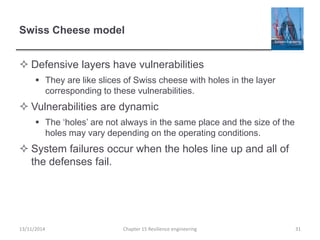 Swiss Cheese model
 Defensive layers have vulnerabilities
 They are like slices of Swiss cheese with holes in the layer
corresponding to these vulnerabilities.
 Vulnerabilities are dynamic
 The ‘holes’ are not always in the same place and the size of the
holes may vary depending on the operating conditions.
 System failures occur when the holes line up and all of
the defenses fail.
13/11/2014 Chapter 15 Resilience engineering 31
 