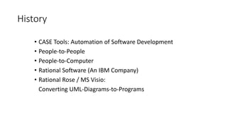 History
• CASE Tools: Automation of Software Development
• People-to-People
• People-to-Computer
• Rational Software (An IBM Company)
• Rational Rose / MS Visio:
Converting UML-Diagrams-to-Programs
 