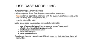 USE CASE MODELLING
-functional reqts., analysis phase
- what a system does: functions represented as use cases
- Actor: external agent that interacts with the system, exchanges info. with
the system (user, sub-system, etc.)
- a role played by user
Note: a use case represents a complete functionality.
• view of system behavior from an external person’s viewpoint
• effective tool for validating requirements
• an effective communication tool
• basis for a test plan
• basis for user manual
Developing the use cases in not difficult; ensuring that you have them all
is murder.
 