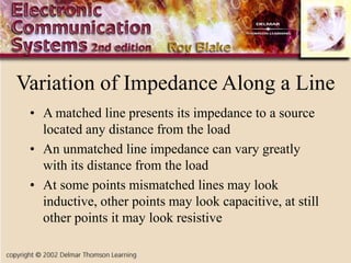 Variation of Impedance Along a Line
• A matched line presents its impedance to a source
located any distance from the load
• An unmatched line impedance can vary greatly
with its distance from the load
• At some points mismatched lines may look
inductive, other points may look capacitive, at still
other points it may look resistive
 