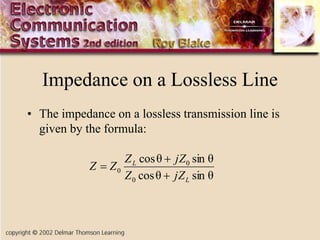Impedance on a Lossless Line
• The impedance on a lossless transmission line is
given by the formula:
θ
sin
θ
cos
θ
sin
θ
cos
0
0
0
L
L
jZ
Z
jZ
Z
Z
Z



 
