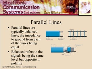 Parallel Lines
• Parallel lines are
typically balanced
lines, the impedance
to ground from each
of the wires being
equal
• Balanced refers to the
signals being the same
level but opposite in
polarity
 
