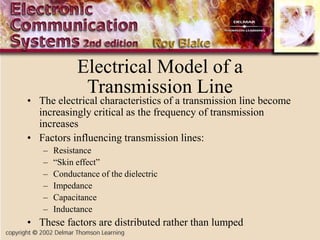 Electrical Model of a
Transmission Line
• The electrical characteristics of a transmission line become
increasingly critical as the frequency of transmission
increases
• Factors influencing transmission lines:
– Resistance
– “Skin effect”
– Conductance of the dielectric
– Impedance
– Capacitance
– Inductance
• These factors are distributed rather than lumped
 