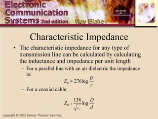 Characteristic Impedance
• The characteristic impedance for any type of
transmission line can be calculated by calculating
the inductance and impedance per unit length
– For a parallel line with an air dielectric the impedance
is:
– For a coaxial cable:
d
D
Z
r
log
138
0


r
D
Z log
276
0 
 