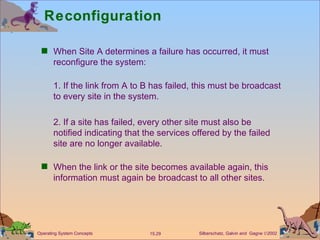 Reconfiguration When Site A determines a failure has occurred, it must reconfigure the system:  1. If the link from A to B has failed, this must be broadcast to every site in the system. 2. If a site has failed, every other site must also be notified indicating that the services offered by the failed site are no longer available. When the link or the site becomes available again, this information must again be broadcast to all other sites. 