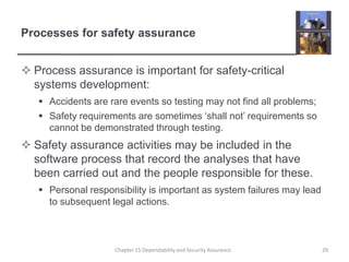 Processes for safety assuranceProcess assurance is important for safety-critical systems development:Accidents are rare events so testing may not find all problems;Safety requirements are sometimes ‘shall not’ requirements so cannot be demonstrated through testing.Safety assurance activities may be included in the software process that record the analyses that have been carried out and the people responsible for these.Personal responsibility is important as system failures may lead to subsequent legal actions.29Chapter 15 Dependability and Security Assurance