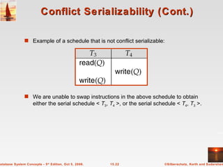 Conflict Serializability (Cont.) Example of a schedule that is not conflict serializable: We are unable to swap instructions in the above schedule to obtain either the serial schedule <  T 3 ,  T 4  >, or the serial schedule <  T 4 ,  T 3  >. 