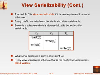View Serializability (Cont.) A schedule  S  is  view serializable   if it is view equivalent to a serial schedule. Every conflict serializable schedule is also view serializable. Below is a schedule which is view-serializable but  not  conflict serializable. What serial schedule is above equivalent to? Every view serializable schedule that is not conflict serializable has  blind writes. 