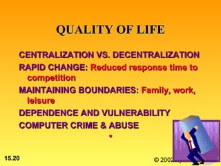QUALITY OF LIFE
    CENTRALIZATION VS. DECENTRALIZATION
    RAPID CHANGE: Reduced response time to
     competition
    MAINTAINING BOUNDARIES: Family, work,
     leisure
    DEPENDENCE AND VULNERABILITY
    COMPUTER CRIME & ABUSE
                     *

15.20                           © 2002 by Prentice Hall
 