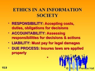 ETHICS IN AN INFORMATION
                  SOCIETY
       • RESPONSIBILITY: Accepting costs,
         duties, obligations for decisions
       • ACCOUNTABILITY: Assessing
         responsibilities for decisions & actions
       • LIABILITY: Must pay for legal damages
       • DUE PROCESS: Insures laws are applied
         properly
                              *

15.9                                   © 2002 by Prentice Hall
 