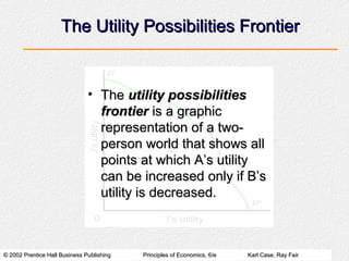The Utility Possibilities Frontier


                               • The utility possibilities
                                 frontier is a graphic
                                 representation of a two-
                                 person world that shows all
                                 points at which A’s utility
                                 can be increased only if B’s
                                 utility is decreased.



© 2002 Prentice Hall Business Publishing   Principles of Economics, 6/e   Karl Case, Ray Fair
 