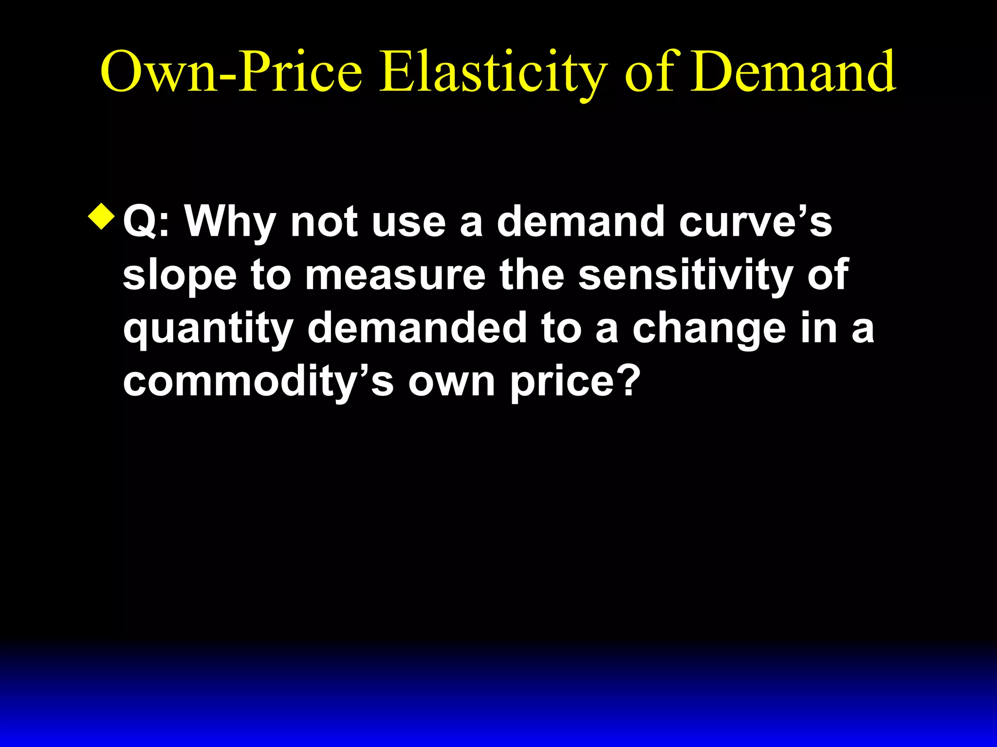 Own-Price Elasticity of Demand
Q:
Why not use a demand curve’s
slope to measure the sensitivity of
quantity demanded to a change in a
commodity’s own price?