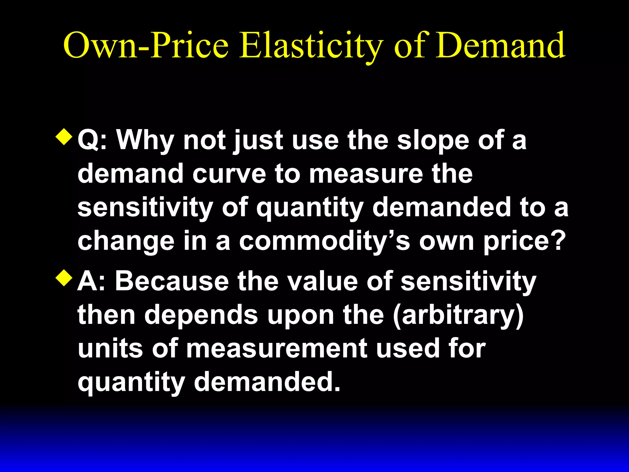 Own-Price Elasticity of Demand
Q:
Why not just use the slope of a
demand curve to measure the
sensitivity of quantity demanded to a
change in a commodity’s own price?
A: Because the value of sensitivity
then depends upon the (arbitrary)
units of measurement used for
quantity demanded.