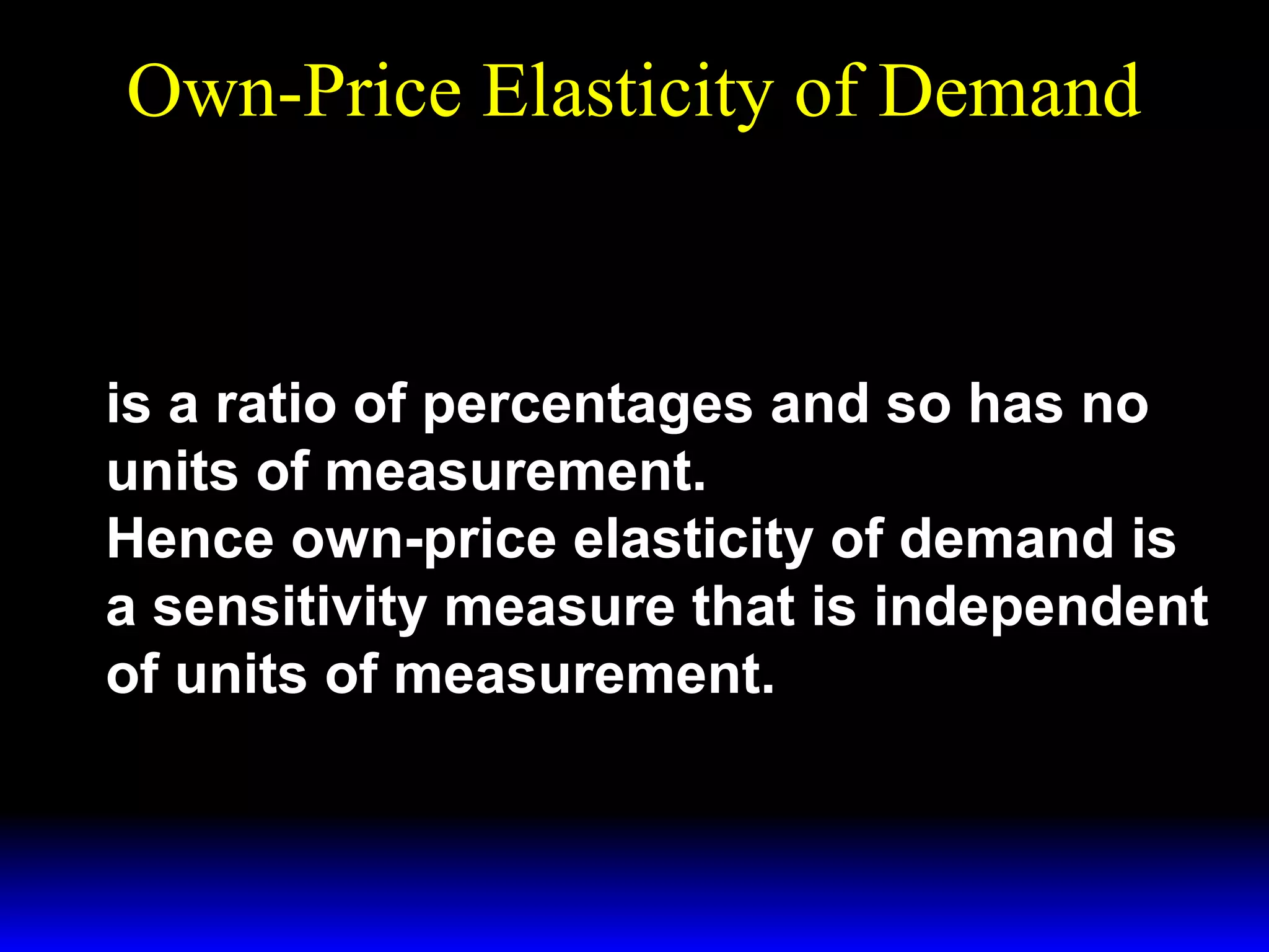 Own-Price Elasticity of Demand
*
% ∆ x1
ε *
=
x1 ,p1 % ∆p
1
is a ratio of percentages and so has no
units of measurement.
Hence own-price elasticity of demand is
a sensitivity measure that is independent
of units of measurement.