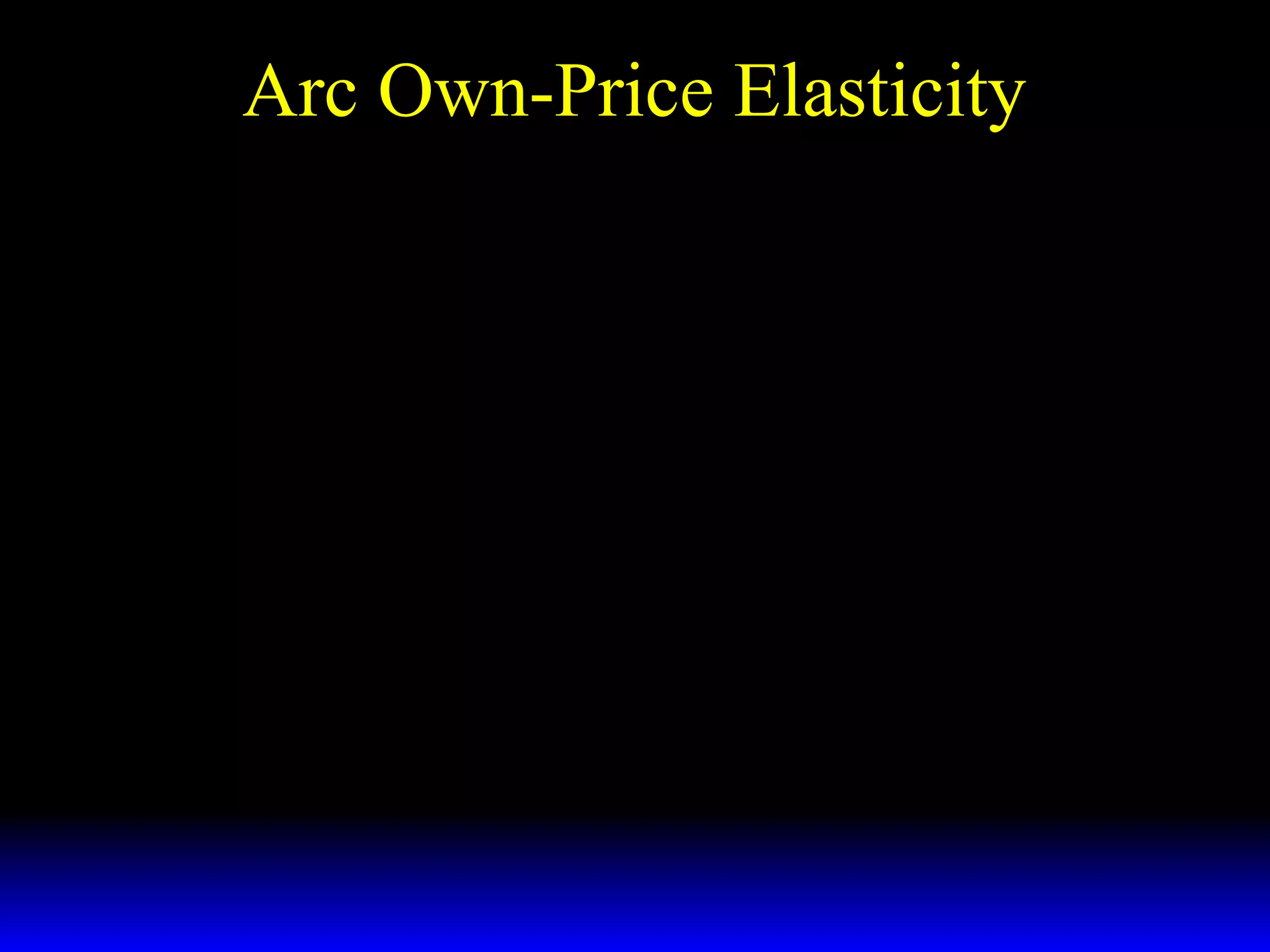 Arc Own-Price Elasticity
*
% ∆Xi
ε * =
Xi ,pi
% ∆pi
2h
% ∆pi = 100 ×
pi '
% ∆X* = 100 ×
i
( Xi"− Xi '")
( Xi"+ Xi '") / 2