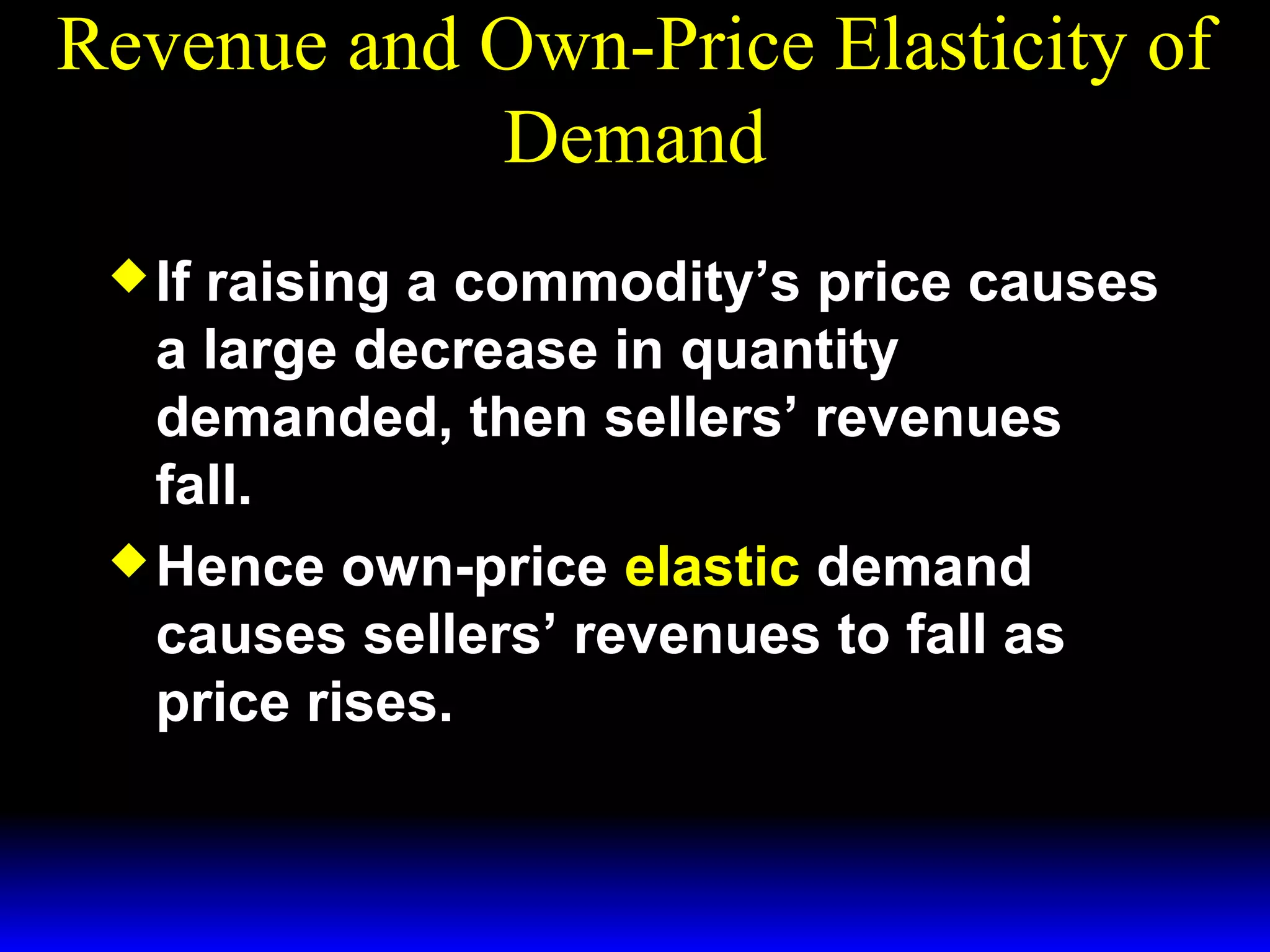 Revenue and Own-Price Elasticity of
Demand
If
raising a commodity’s price causes
a large decrease in quantity
demanded, then sellers’ revenues
fall.
Hence own-price elastic demand
causes sellers’ revenues to fall as
price rises.