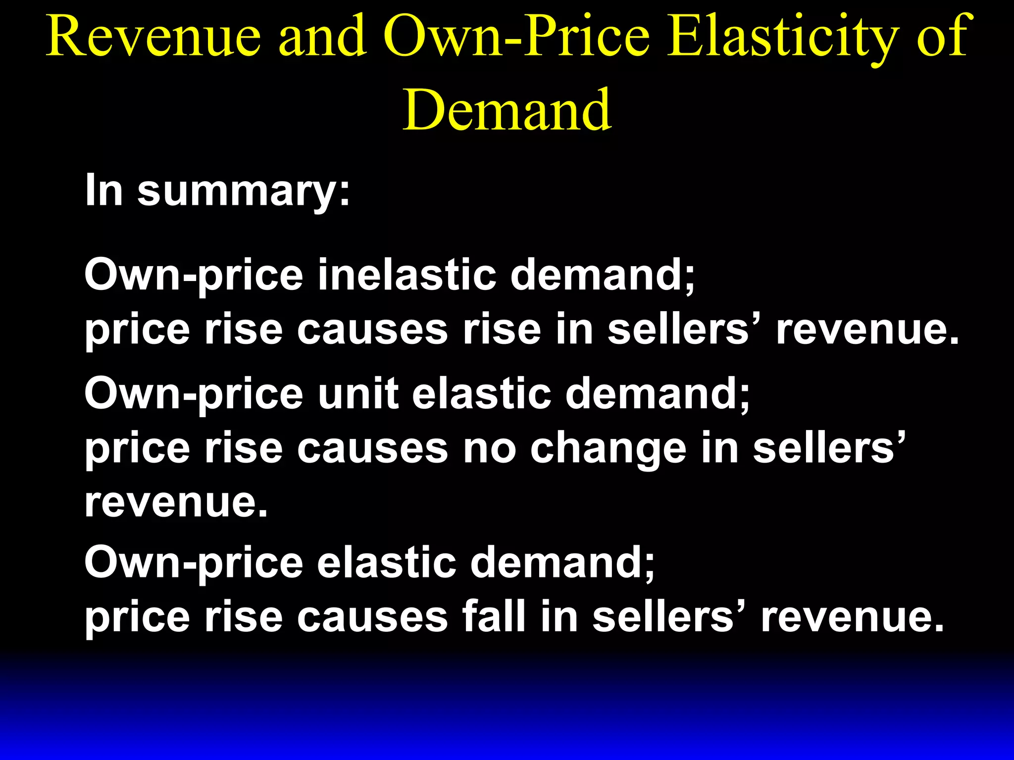 Revenue and Own-Price Elasticity of
Demand
In summary:
Own-price inelastic demand; − 1 < ε ≤ 0
price rise causes rise in sellers’ revenue.
Own-price unit elastic demand; ε = −1
price rise causes no change in sellers’
revenue.
Own-price elastic demand; ε < −1
price rise causes fall in sellers’ revenue.