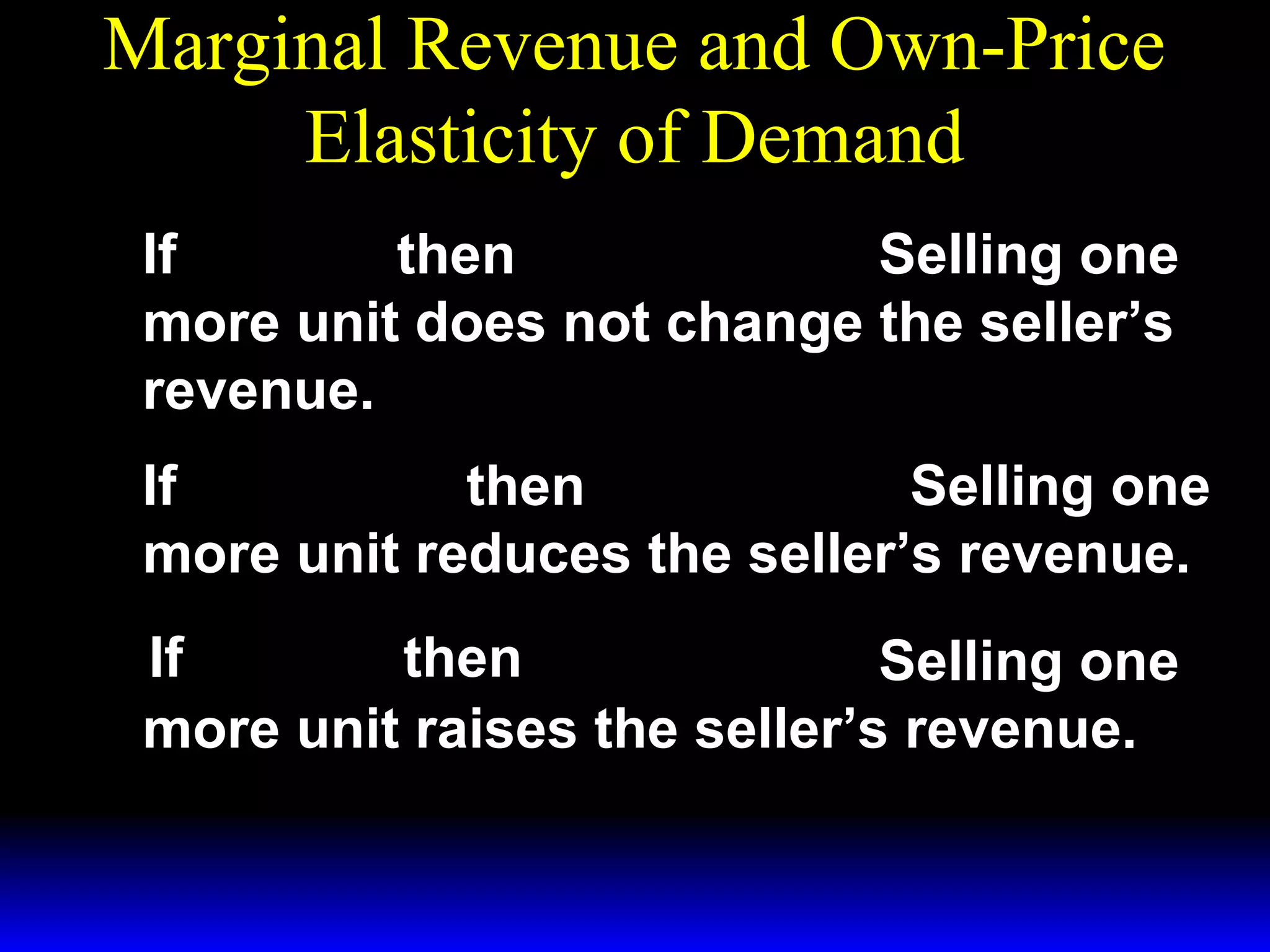 Marginal Revenue and Own-Price
Elasticity of Demand
If ε = −1 then MR( q) = 0. Selling one
more unit does not change the seller’s
revenue.
If − 1 < ε ≤ 0 then MR( q) < 0. Selling one
more unit reduces the seller’s revenue.
If ε < −1 then MR( q) > 0. Selling one
more unit raises the seller’s revenue.