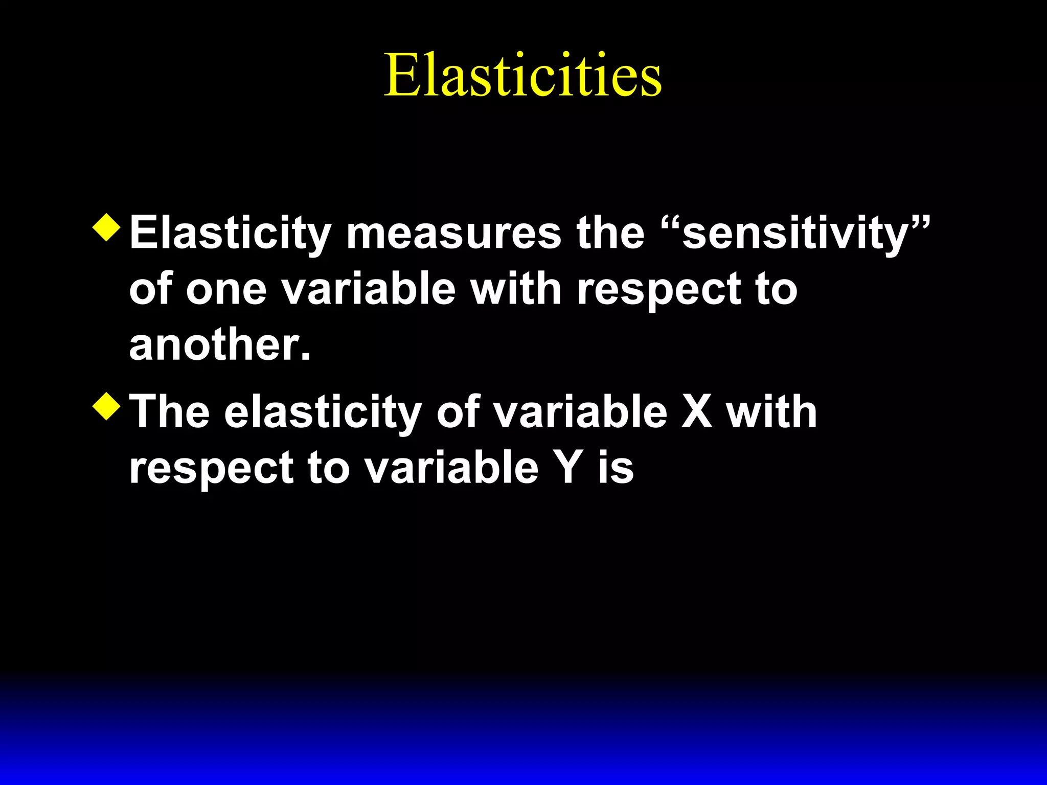 Elasticities
Elasticity
measures the “sensitivity”
of one variable with respect to
another.
The elasticity of variable X with
respect to variable Y is
% ∆x
ε x,y =
.
% ∆y