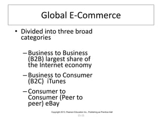 15-15
Global E-Commerce
• Divided into three broad
categories
–Business to Business
(B2B) largest share of
the Internet economy
–Business to Consumer
(B2C) iTunes
–Consumer to
Consumer (Peer to
peer) eBay
Copyright 2013, Pearson Education Inc., Publishing as Prentice-Hall
 