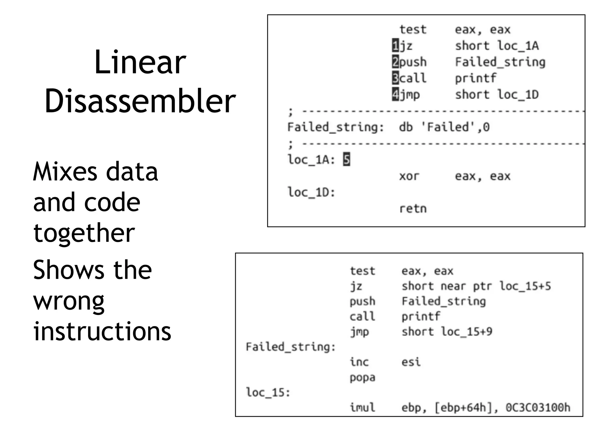 Linear
Disassembler
Mixes data
and code
together
Shows the
wrong
instructions
 