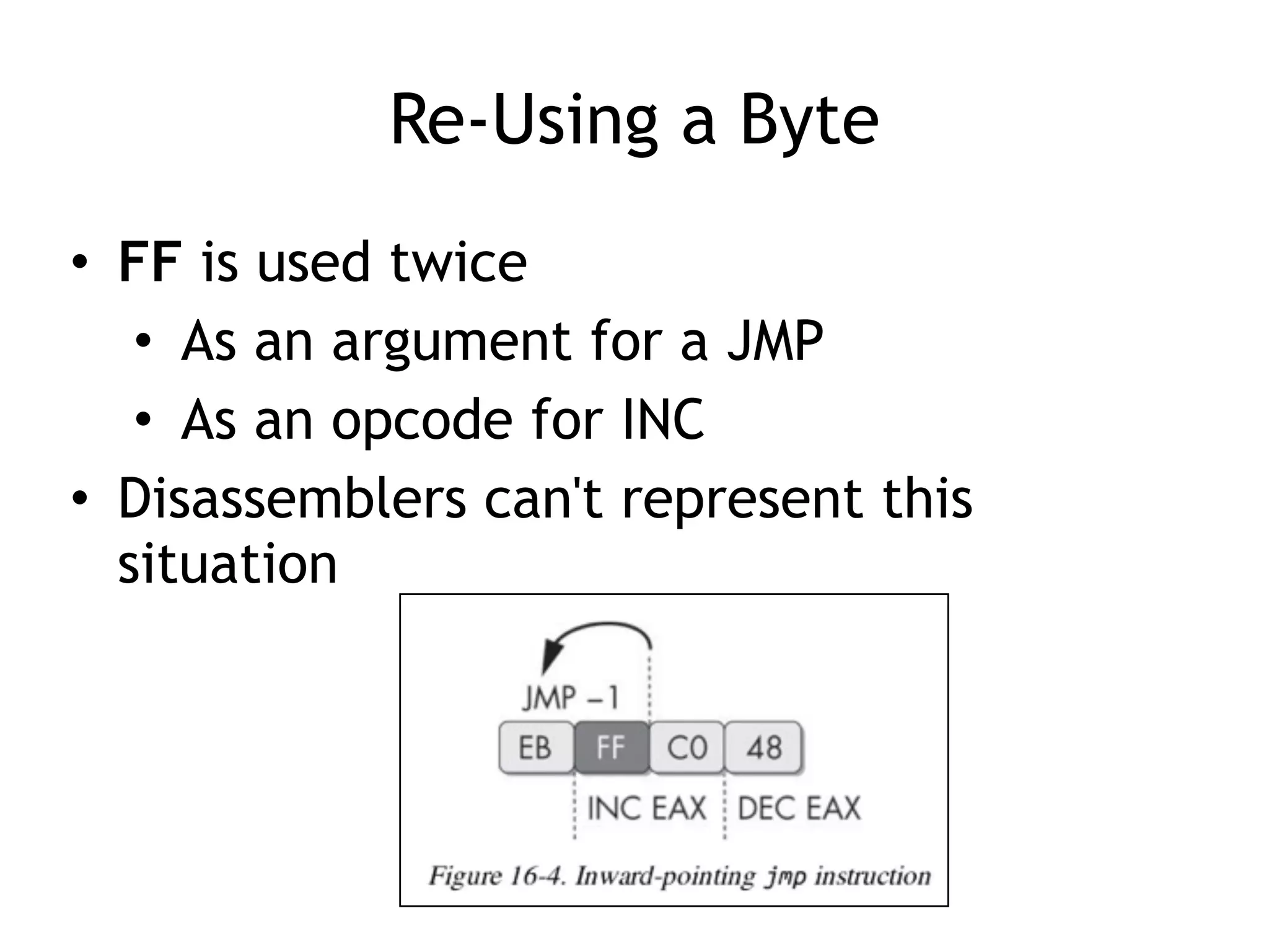 Re-Using a Byte
• FF is used twice
• As an argument for a JMP
• As an opcode for INC
• Disassemblers can't represent this
situation
 