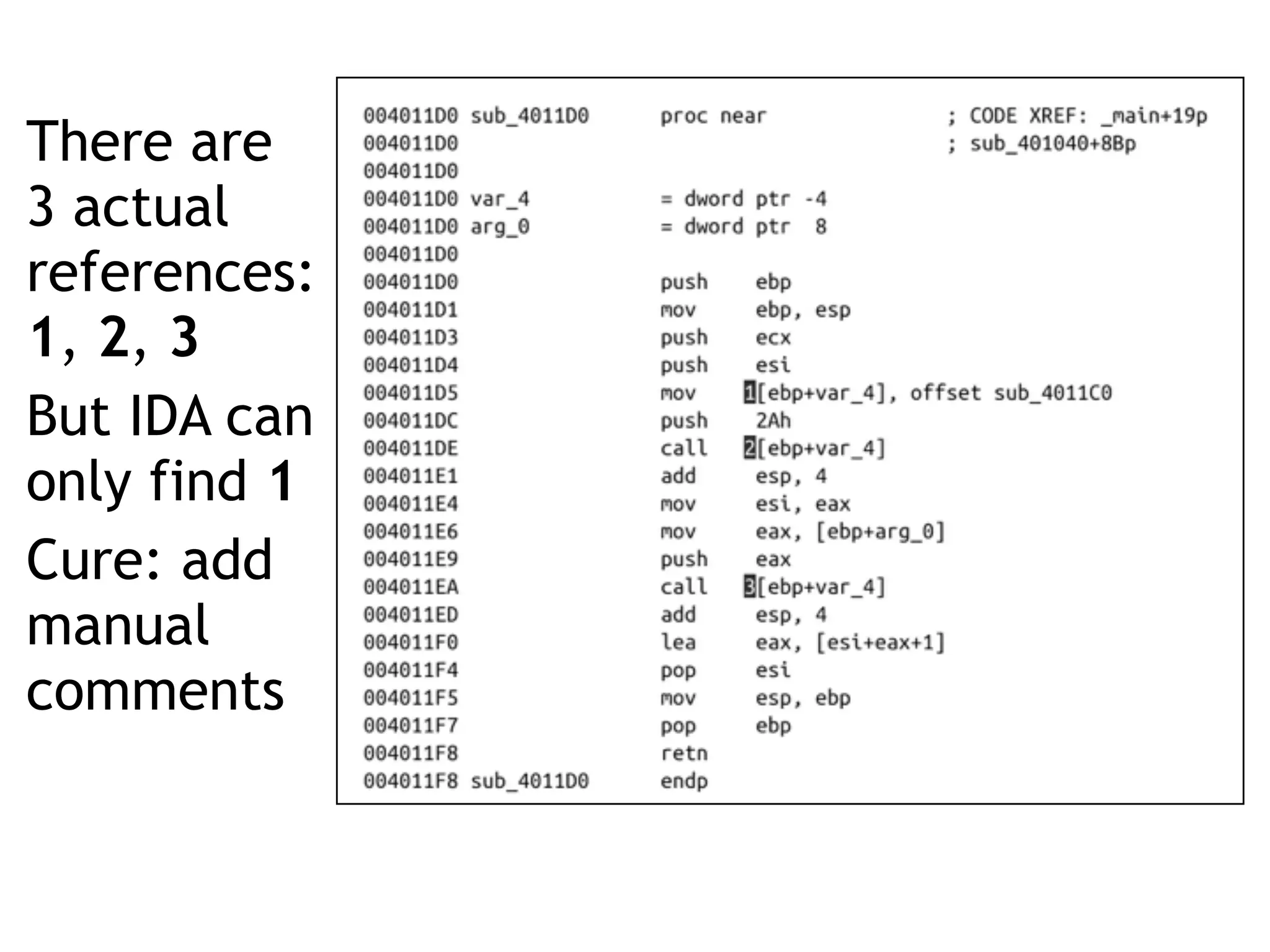 There are
3 actual
references:
1, 2, 3
But IDA can
only find 1
Cure: add
manual
comments
 