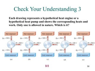 50
Check Your Understanding 3
Each drawing represents a hypothetical heat engine or a
hypothetical heat pump and shows the corresponding heats and
work. Only one is allowed in nature. Which is it?
(c)
 