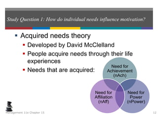 Study Question 1: How do individual needs influence motivation?
 Acquired needs theory
 Developed by David McClelland
 People acquire needs through their life
experiences
 Needs that are acquired:
Management 11e Chapter 15 12
Need for
Achievement
(nAch)
Need for
Power
(nPower)
Need for
Affiliation
(nAff)
 