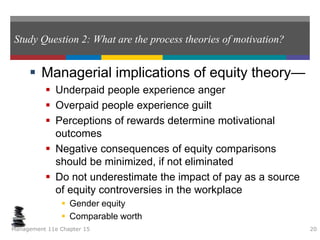 Study Question 2: What are the process theories of motivation?
 Managerial implications of equity theory—
 Underpaid people experience anger
 Overpaid people experience guilt
 Perceptions of rewards determine motivational
outcomes
 Negative consequences of equity comparisons
should be minimized, if not eliminated
 Do not underestimate the impact of pay as a source
of equity controversies in the workplace
 Gender equity
 Comparable worth
Management 11e Chapter 15 20
 