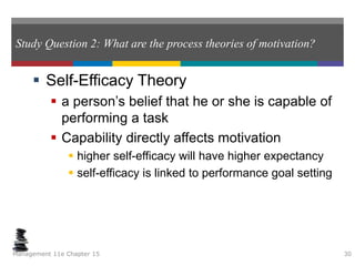 Study Question 2: What are the process theories of motivation?
 Self-Efficacy Theory
 a person’s belief that he or she is capable of
performing a task
 Capability directly affects motivation
 higher self-efficacy will have higher expectancy
 self-efficacy is linked to performance goal setting
Management 11e Chapter 15 30
 
