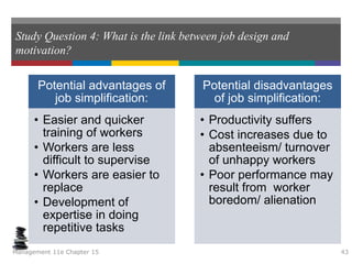 Study Question 4: What is the link between job design and
motivation?
Potential advantages of
job simplification:
• Easier and quicker
training of workers
• Workers are less
difficult to supervise
• Workers are easier to
replace
• Development of
expertise in doing
repetitive tasks
Potential disadvantages
of job simplification:
• Productivity suffers
• Cost increases due to
absenteeism/ turnover
of unhappy workers
• Poor performance may
result from worker
boredom/ alienation
Management 11e Chapter 15 43
 