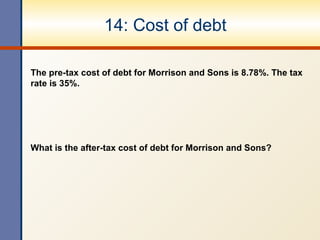 14: Cost of debt
The pre-tax cost of debt for Morrison and Sons is 8.78%. The tax
rate is 35%.
What is the after-tax cost of debt for Morrison and Sons?
 
