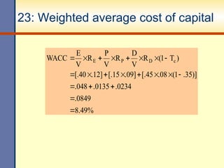 23: Weighted average cost of capital
%
49
.
8
0849
.
0234
.
0135
.
048
.
)]
35
.
1
(
08
.
45
[.
]
09
.
15
[.
]
12
.
40
[.
)
T
1
(
R
V
D
R
V
P
R
V
E
WACC c
D
P
E





















 