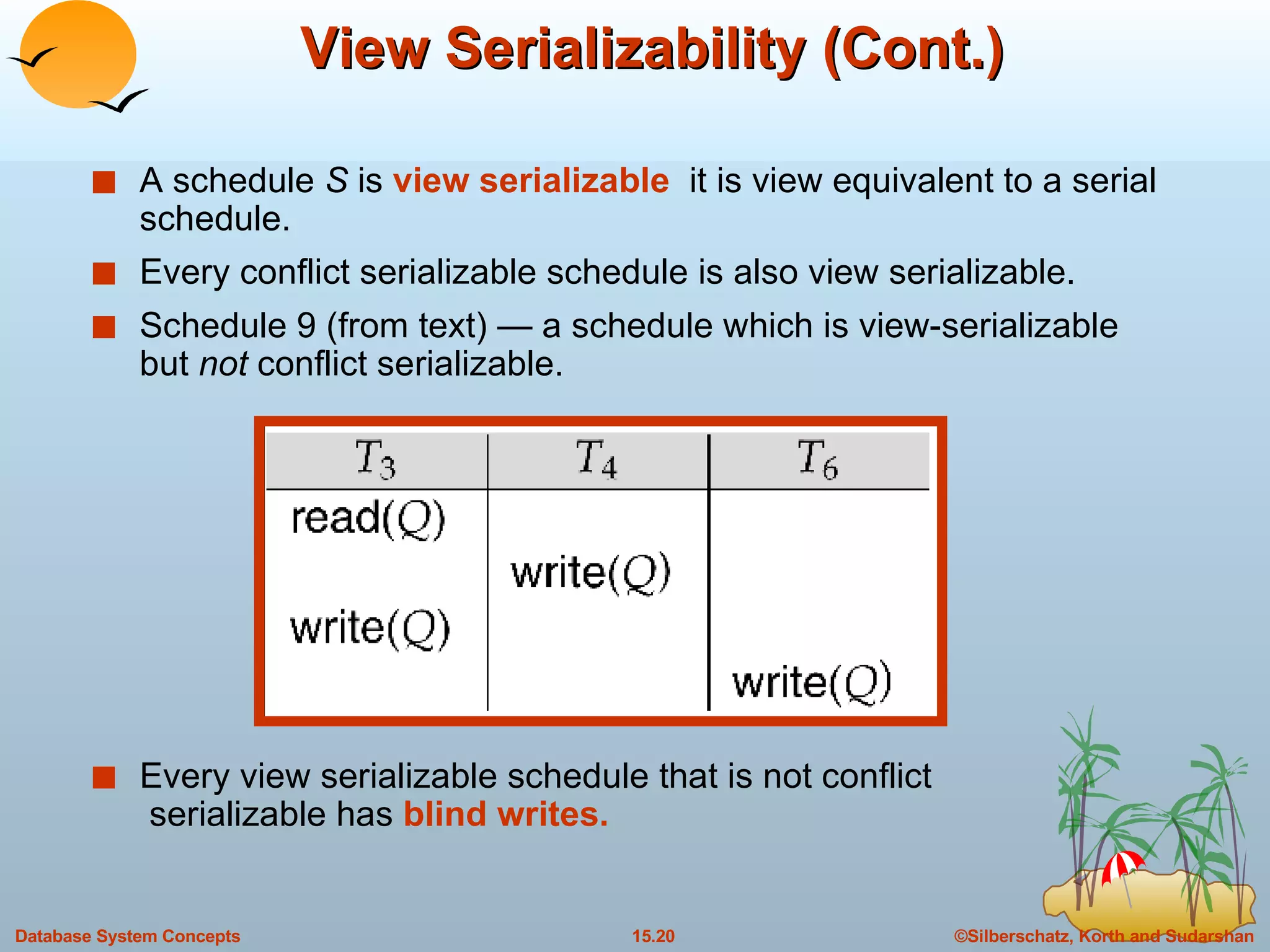 View Serializability (Cont.) A schedule  S  is  view serializable   it is view equivalent to a serial schedule. Every conflict serializable schedule is also view serializable. Schedule 9 (from text) — a schedule which is view-serializable but  not  conflict serializable. Every view serializable schedule that is not conflict  serializable has  blind writes. 