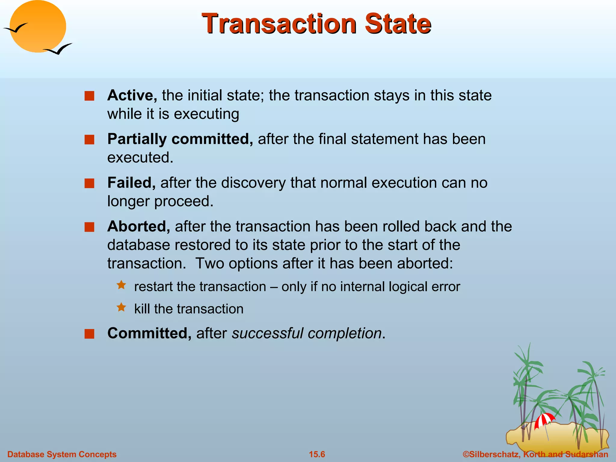 Transaction State Active,  the initial state; the transaction stays in this state while it is executing Partially committed,  after the final statement has been executed. Failed,  after the discovery that normal execution can no longer proceed. Aborted,  after the transaction has been rolled back and the database restored to its state prior to the start of the transaction.  Two options after it has been aborted: restart the transaction – only if no internal logical error kill the transaction Committed,  after  successful completion . 