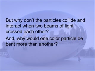 But why don’t the particles collide and
interact when two beams of light
crossed each other?
And, why would one color particle be
bent more than another?
 