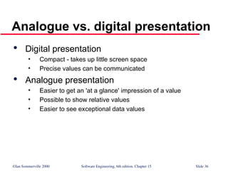 ©Ian Sommerville 2000 Software Engineering, 6th edition. Chapter 15 Slide 36
Analogue vs. digital presentation

Digital presentation
• Compact - takes up little screen space
• Precise values can be communicated

Analogue presentation
• Easier to get an 'at a glance' impression of a value
• Possible to show relative values
• Easier to see exceptional data values
 
