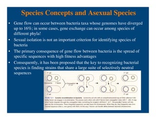 Species Concepts and Asexual Species
• Gene flow can occur between bacteria taxa whose genomes have diverged
up to 16%; in some cases, gene exchange can occur among species of
different phyla!
• Sexual isolation is not an important criterion for identifying species of
bacteria
• The primary consequence of gene flow between bacteria is the spread of
specific sequences with high fitness advantages
• Consequently, it has been proposed that the key to recognizing bacterial
species is finding strains that share a large suite of selectively neutral
sequences
 