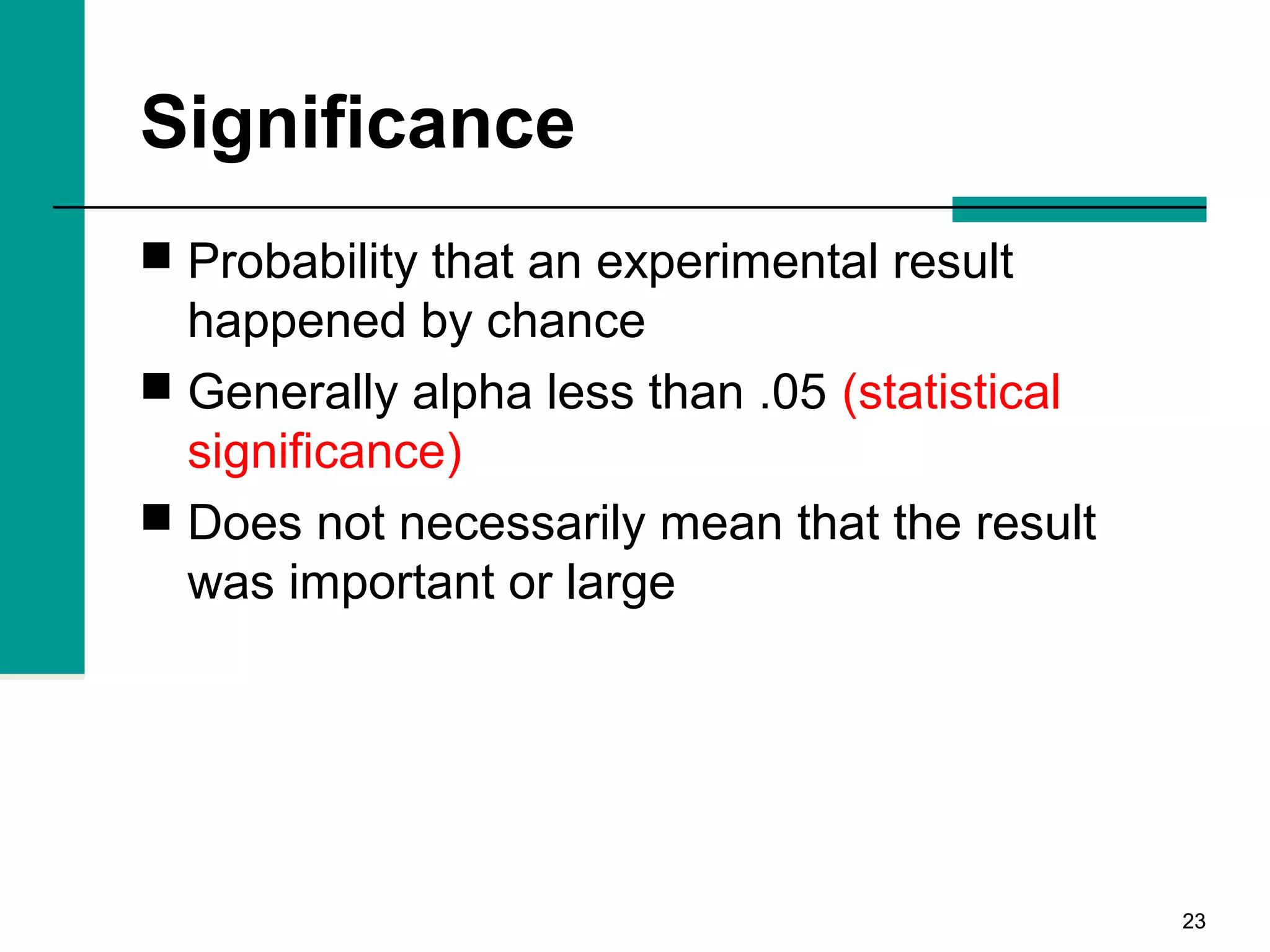 2323
Significance
 Probability that an experimental result
happened by chance
 Generally alpha less than .05 (statistical
significance)
 Does not necessarily mean that the result
was important or large
 